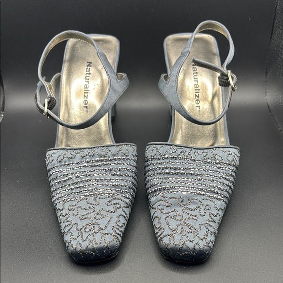 Naturalizer Grayzish Blue Heels with Ankle Straps and Woven Texture - Picture 1 of 5